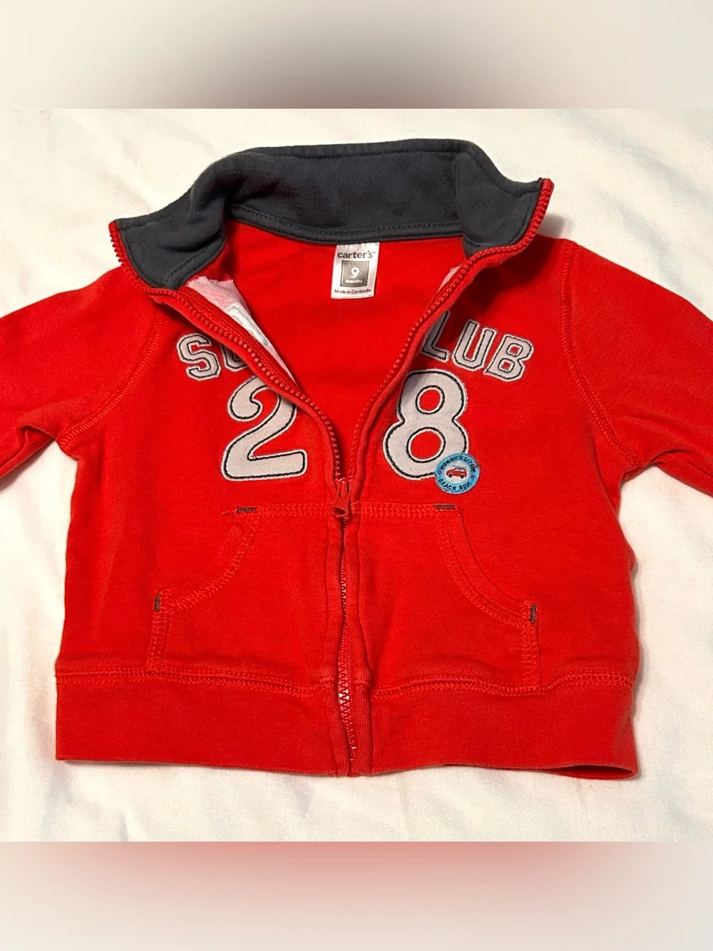 6-9 Month 5 Pieces! New and Like New - Bodysuits, t-shirt, zip up red sweatshirt